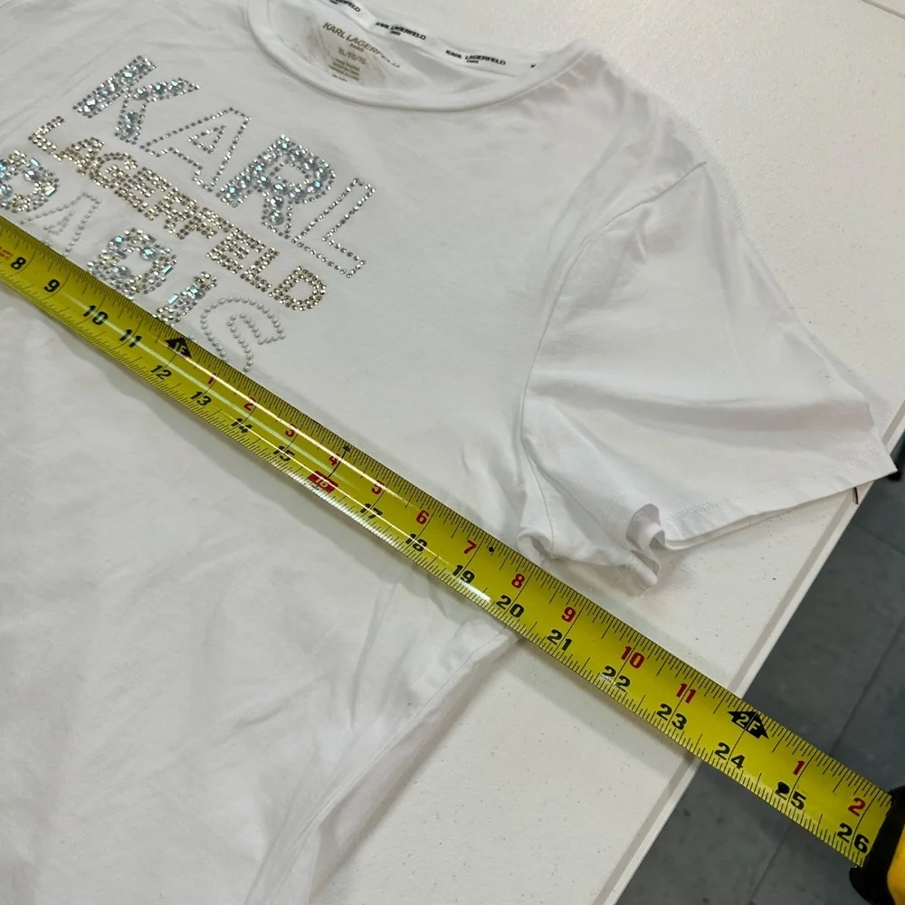 Karl Lagerfeld Paris White T-Shirt Women's Size XL Rhinestone Bling - Picture 11 of 12